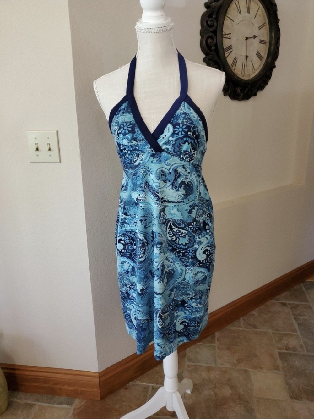 Title Nine Teal and Navy Paisley Halter Top Dress with Shelf Bra - Small